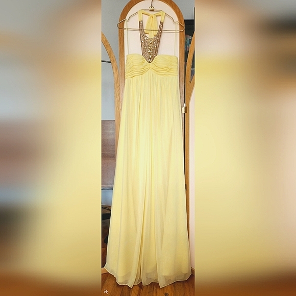 Dresses & Skirts - No Brand/No Tags Pale Yellow Chiffon Halter Neck Empire Waist Gown Jewel detail